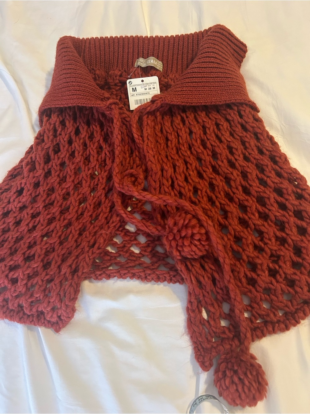 Zara Open-Knit Poncho Sweater in Rust Red with Pom Ties